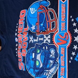 Superhero bowl t-shirt football sports parody funny outlaw vs patriot
